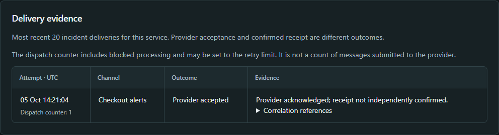 Uptimer delivery evidence for the Checkout alerts email channel, showing provider acceptance separately from confirmed receipt.